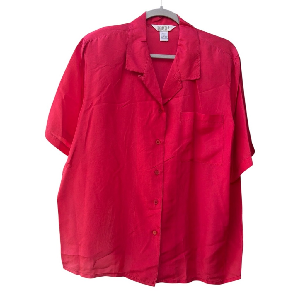 Sellecca 100% Silk Red Button Down Short Sleeve Blouse Women Quality Size 16